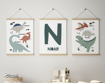 Nursery Prints, Dinosaur Wall Art, Personalised Name Print, Set of 3 Prints, Dinosaur Nursery Decor, Playroom Posters, Kids Wall Art, Boys