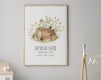 Nursery Print, Personalised, Woodland Deer Birth Print, Nursery Wall Art, Woodland Nursery, Birth Announcement, Baby Gift, Animal Print