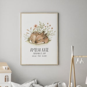 Nursery Print, Personalised, Woodland Deer Birth Print, Nursery Wall Art, Woodland Nursery, Birth Announcement, Baby Gift, Animal Print