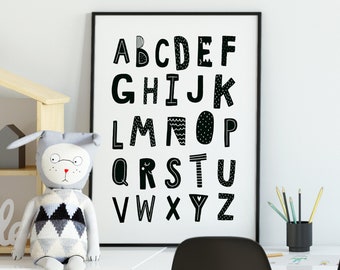 Alphabet Print, Nursery Wall Art, ABC poster, Alphabet Nursery Print, Black and White,Monochrome Nursery, Boy Wall Art, Scandi Nursery Print
