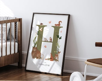 Lámina con inicial de animal del bosque, lámina personalizada para habitación infantil, decoración de pared para habitación infantil, lámina con letra y nombre de animal del bosque, decoración para habitación infantil, para niñas