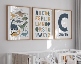 Dinosaur Wall Art Prints, Set of 3, Name Print, Alphabet Print, Dinosaur Chart, Dinosaur Prints, Dinosaur Nursery, Boys Bedroom Wall Art