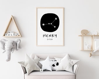 Nursery Print, Cancer Poster Zodiac Constellation Wall Art, Star Sign, Astrology, Space, Kids Room Decor, Baby Shower Gift, Name, Birth