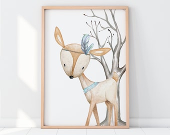 Baby Boys Woodland Animal Nursery Print, Baby Animal Wall Art, Watercolour Boho Tribal Deer, Woodland Nursery Decor, Boys Wall Art, Kids