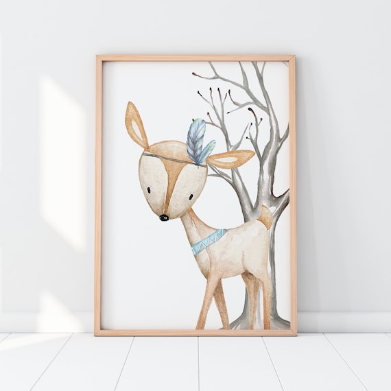 Kids Children/'s Bedroom Woodland Animal Stag Wall Art Picture Cartoon A4 Print