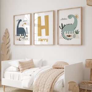 Dinosaur Nursery Prints, Boys Bedroom Decor, Dinosaur Wall Art, Set of 3 Prints, Personalised Name Print, Kids Wall Art, Dinosaur Nursery