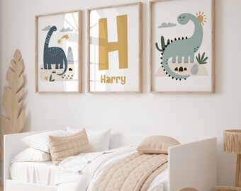 Dinosaur Nursery Prints, Boys Bedroom Decor, Dinosaur Wall Art, Set of 3 Prints, Personalised Name Print, Kids Wall Art, Dinosaur Nursery
