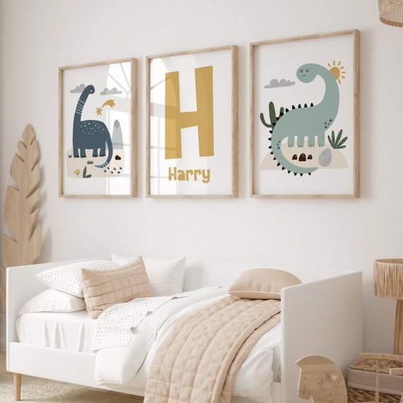 Dinosaur Nursery Prints, Boys Bedroom Decor, Dinosaur Wall Art, Set of 3 Prints, Personalised Name Print, Kids Wall Art, Dinosaur Nursery
