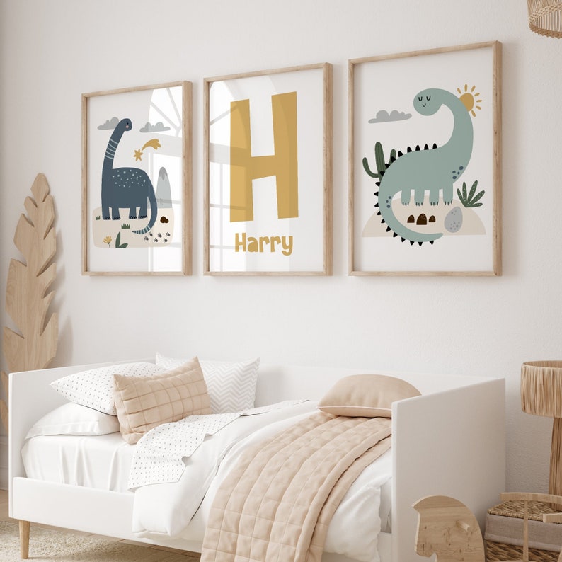 Dinosaur Nursery Prints, Boys Bedroom Decor, Dinosaur Wall Art, Set of 3 Prints, Personalised Name Print, Kids Wall Art, Dinosaur Nursery
