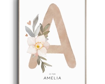 Custom Floral Initial Print, Floral Letter & Name Print, Girls Nursery Print, Nursery Wall Art, Personalised Name Print, Boho Nursery Art