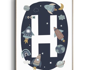 Space Nursery Print, Space Nursery Wall Art, Personalised Initial Print, Space Nursery, Space Nursery Decor, Space Prints, Planets, Rockets
