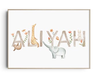 Personalised Baby Girl Name Print, Girl Baby Name Sign, Personalised Baby Gift for Nursery, Girl Nursery Decor, Safari Animal Nursery Decor