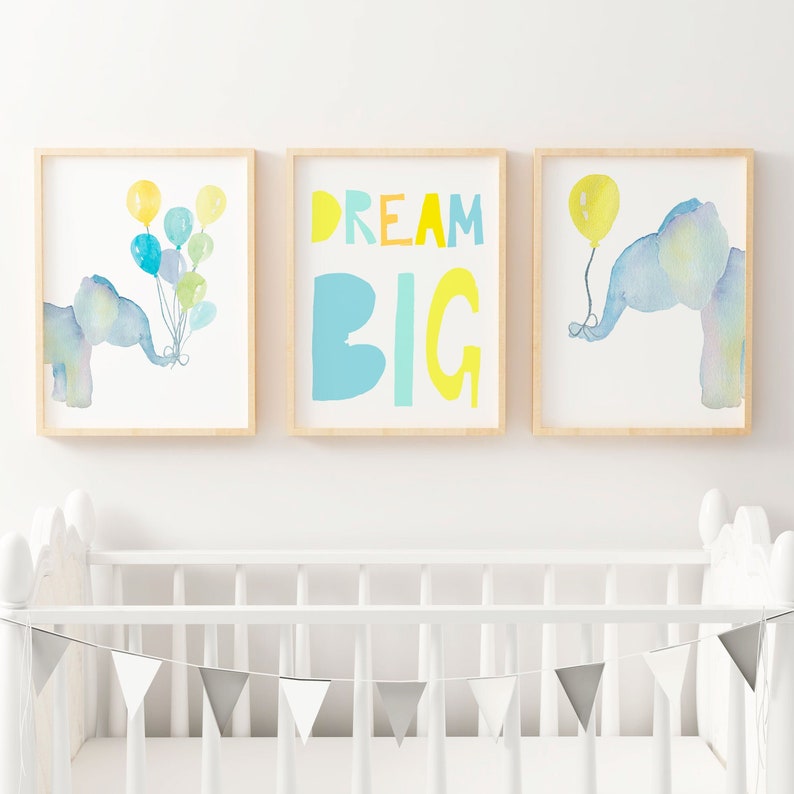 Elephant Nursery Print | Forest Animal Wall Art | Boys Woodland Nursery Decor | Nursery Print Set | Dream Big Bedroom Poster | Watercolour