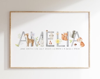 Custom Baby Name Print, Woodland Animal Nursery Name Sign, Girls Nursery Print, New Baby Gift, Woodland Nursery, Birth Print, Personalised