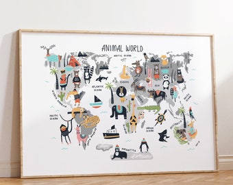 Animal World Map, Kids Animal Map Print, Nursery Prints, Nursery Wall Art, Nursery Decor, Kids Wall Art, Educational Map, Animal Nursery