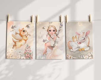 Nursery Prints, Girls Whimsical Bedroom Wall Art, Fairy, Unicorn & Kitten Prints, Girls Room Decor, Nursery Art, Set of 3, Fairy Nursery