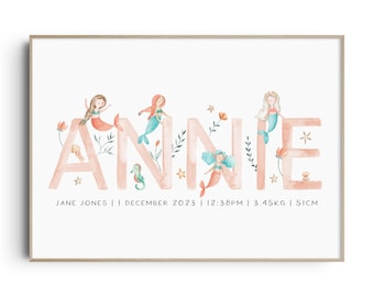 Mermaid Nursery Print, Mermaid Nursery Decor, Under The Sea, Girls Nursery Wall Art, Custom Name Print, Personalised Nursery Print, New Baby