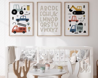 Nursery Prints, Construction Vehicle Wall Art, Alphabet Print, Set of 3, Trucks, Transport Nursery,  Boys Room Decor, Kids Wall Art, ABC