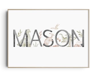 Dinosaur Nursery Wall Art, Dinosaur Nursery Decor, Dinosaur Nursery Prints, Dinosaur Name Print, Custom Name Print, Personalised Nursery Art