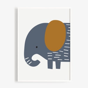 May include: A blue and brown illustration of an elephant with a white background. The elephant has a large, round ear and a small eye.