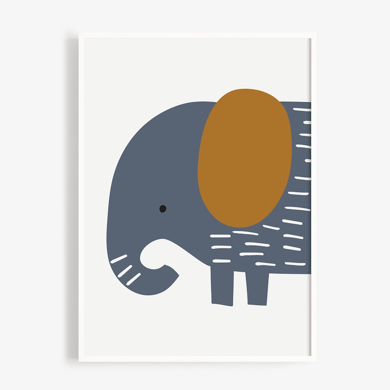 May include: A blue and brown illustration of an elephant with a white background. The elephant has a large, round ear and a small eye.