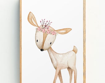 Woodland Nursery Print | Animal Nursery Art | Floral Woodland Nursery Decor | Girls Nursery Wall Art | Deer | Girls Prints | Art for Kids