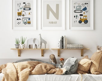 Nursery Prints, Construction Vehicle Wall Art, Initial Print, Name, Set of 3, Trucks, Scandi, Boys Room Decor, Kids Wall Art, New Baby Gift