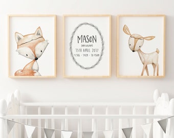 Woodland Nursery Prints | Forest Animal Wall Art | Woodland Nursery Decor | Boys Birth Announcement Print | Fox & Deer Nursery Print | Boho