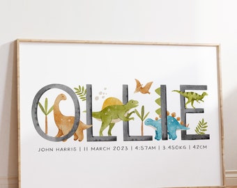 Dinosaur Wall Art, Dinosaur Nursery Print, Dinosaur Art, Dinosaur Name Print, Birth Print, Personalised, Dinosaur Nursery, Boys Wall Art