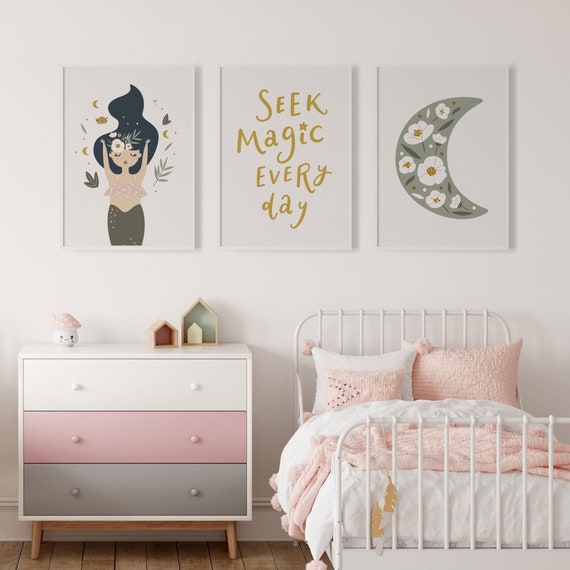 Boho Mermaid Nursery Prints, Ocean Wall Art, Set of 3, Girls Room