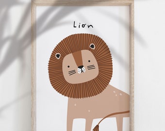 May include: A framed print of a cartoon lion with brown fur and a light brown body. The lion is standing on a white background and the word "Lion" is written above it.