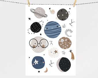 Nursery Print, Space, Planets, Solar System Wall Art, Scandi, Boys Room Decor, Kids Wall Art, New Baby Gift, Kids Wall Art, Boys Bedroom
