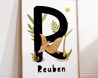 Dinosaur Name Print, Dinosaur Nursery Wall Art, Dinosaur Bedroom Decor, Boys Wall Art, Name & Initial Print, Dinosaur Poster, Pteranodon