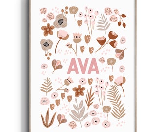 May include: A white background with a floral pattern in shades of brown and pink. The name "AVA" is written in pink in the center of the design.