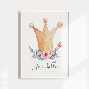 Girls Nursery Wall Art Print, Pink Floral Crown Name  Print, Princess Nursery Decor, New Baby Gift, Girls Room Nursery Art, Woodland Nursery