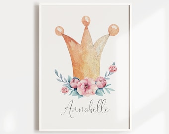 Girls Nursery Wall Art Print, Pink Floral Crown Name  Print, Princess Nursery Decor, New Baby Gift, Girls Room Nursery Art, Woodland Nursery