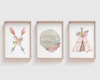 Boho Nursery Print Set | Boho Tribal Nursery Prints | Girls Boho Nursery Prints | Girls Tribal Nursery Prints | Personalized Nursery Prints