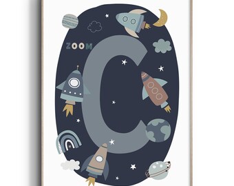 Space Nursery Print, Space Nursery Wall Art, Personalised Initial Print, Space Nursery, Space Nursery Decor, Space Prints, Planets, Rockets