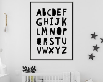 Nursery Print, Alphabet Nursery Wall Art, ABC Poster, Monochrome, Kids Wall Art, Kids Bedroom Decor, Scandi Nursery, Black and White