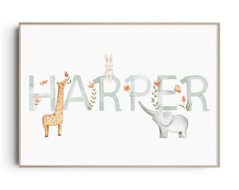Personalised Baby Girl Name Print, Girl Baby Name Sign, Personalised Baby Gift for Nursery, Girl Nursery Decor, Safari Animal Nursery Decor