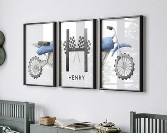 Boys Motorbike Wall Art Prints, Boys Room Wall Art, Motorbike & Name Print, Motorcycle Nursery, Dirt Bike Nursery Decor, Boy Motor Cross Art