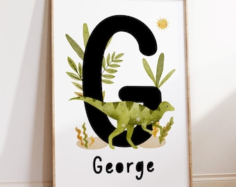 Dinosaur Name Print, Dinosaur Nursery Wall Art, Dinosaur Bedroom Decor, Boys Wall Art, Name & Initial Print, Dinosaur Poster, Velociraptor