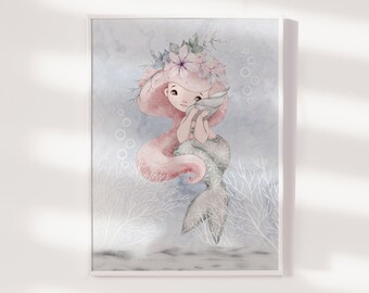 Mermaid Nursery Print, Mermaid Wall Art, Mermaid Nursery Decor, Girls Room Decor, Ocean Nursery, Sea Nursery, Watercolour, Girls Bedroom