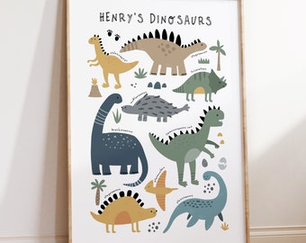 Dinosaur Name Print, Personlaised Dinosaur Nursery Wall Art, Boys Dinosaur Bedroom Wall Art, Dinosaur Decor, Dinosaur Poster, Kids Wall Art