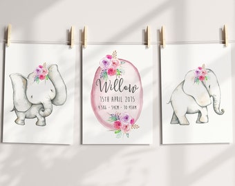 Woodland Nursery Prints | Forest Animal Wall Art | Floral Woodland Nursery Decor | Girls Birth Announcement Print | Elephant | Print Set