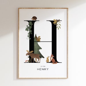 Woodland Animal Initial Name Print, Personalised Nursery Print, Nursery Wall Art, Forest Animal Letter & Name Print, Nursery Decor