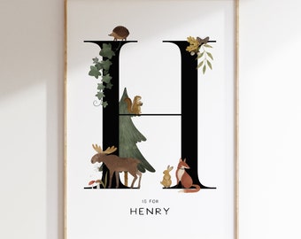 Woodland Animal Initial Name Print, Personalised Nursery Print, Nursery Wall Art, Forest Animal Letter & Name Print, Nursery Decor