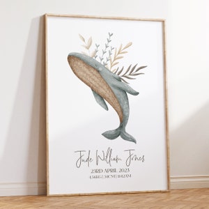 Whale Nursery Birth Print, Whale Nursery Art, Whale Nursery Print, Whale Nursery Wall Art, Whale Nursery Decor, Baby Birth Print, Ocean, Sea