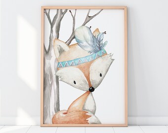 Baby Boys Woodland Animal Nursery Print, Baby Animal Wall Art, Watercolour Boho Tribal Fox, Woodland Nursery Decor, Boys Wall Art, Kids