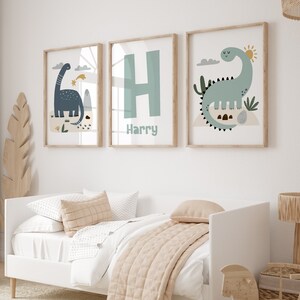 Dinosaur Nursery Prints, Boys Bedroom Decor, Dinosaur Wall Art, Set of 3 Prints, Personalised Name Print, Kids Wall Art, Dinosaur Nursery
